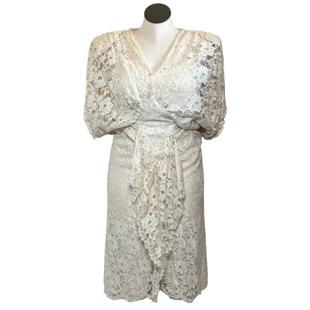 Vtg 80s Ivory Lace Ruffle Front Midi Wedding Cocktail‎ Dress Boho Hippy